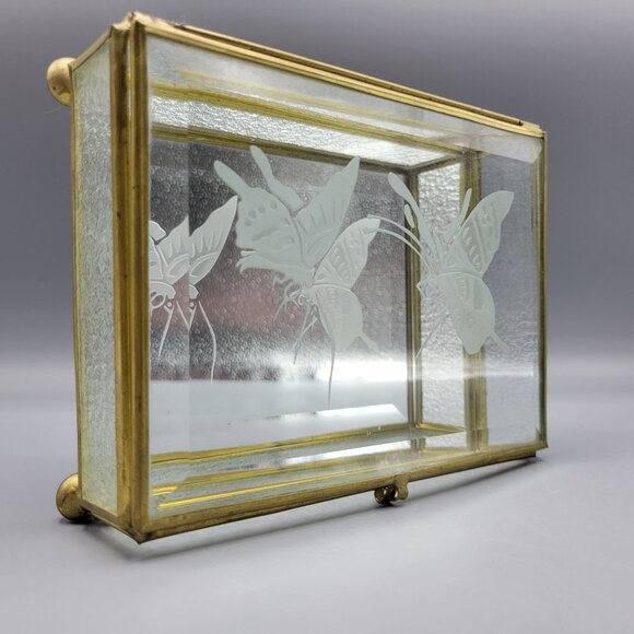 Vintage Flambro Glass Jewelry Box Etched Butterfly Design Brass Frame Taiwan - Picture 3 of 16